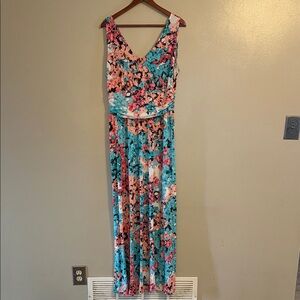 London Times Teal and Pink Floral Maxi Dress